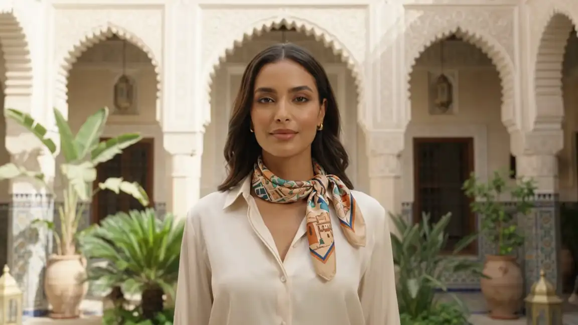 Une femme portant un foulard ATHAR dans un riad marocain