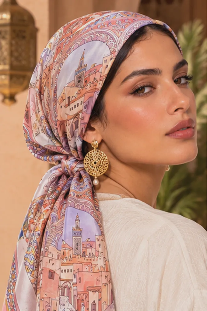 Foulard ATHAR porté en turban, motif médina